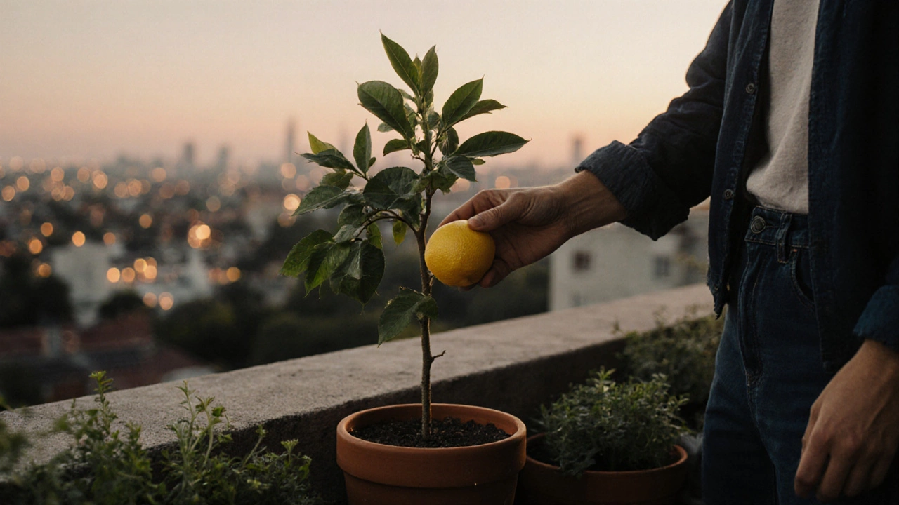 Hand picking a ripe lemon from a potted tree on an urban balcony, late afternoon light shining on the fruit.
