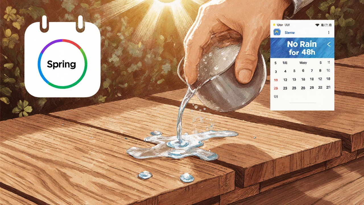 Hand pouring water on wooden terrace board, water absorbed quickly, calendar shows spring.