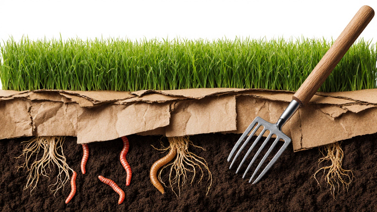 Healthy soil with earthworms and roots under mulch, broadfork resting nearby.