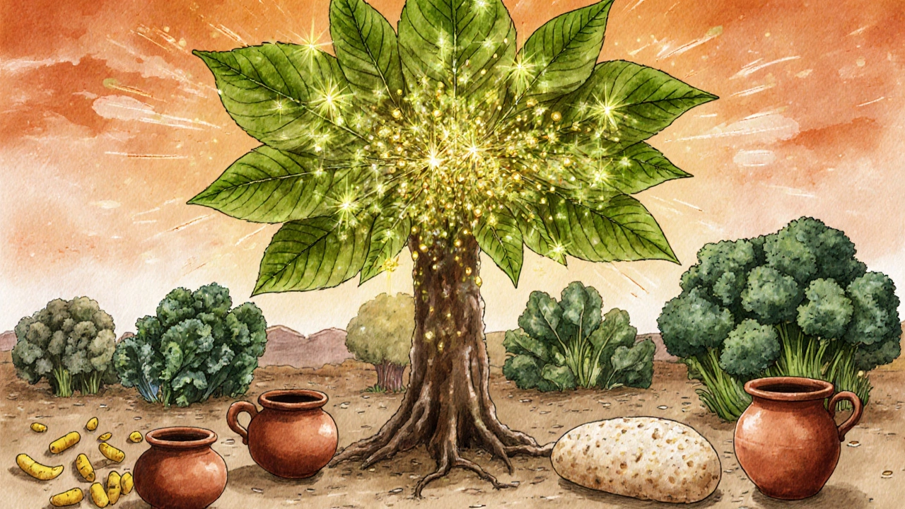 Moringa tree radiating nutrients like golden particles, surrounded by other vegetables in an artistic Indian village scene.