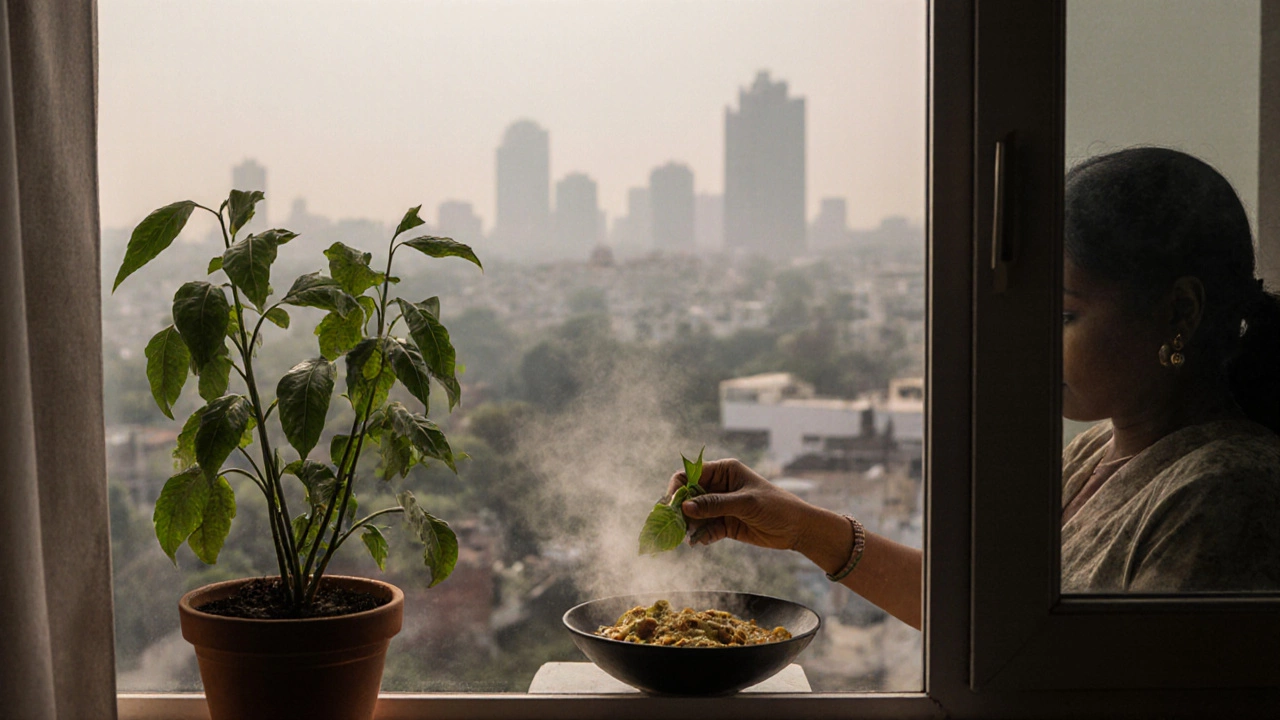 Potted moringa plant thriving on a Delhi balcony as someone adds leaves to dal, city smog visible in background.