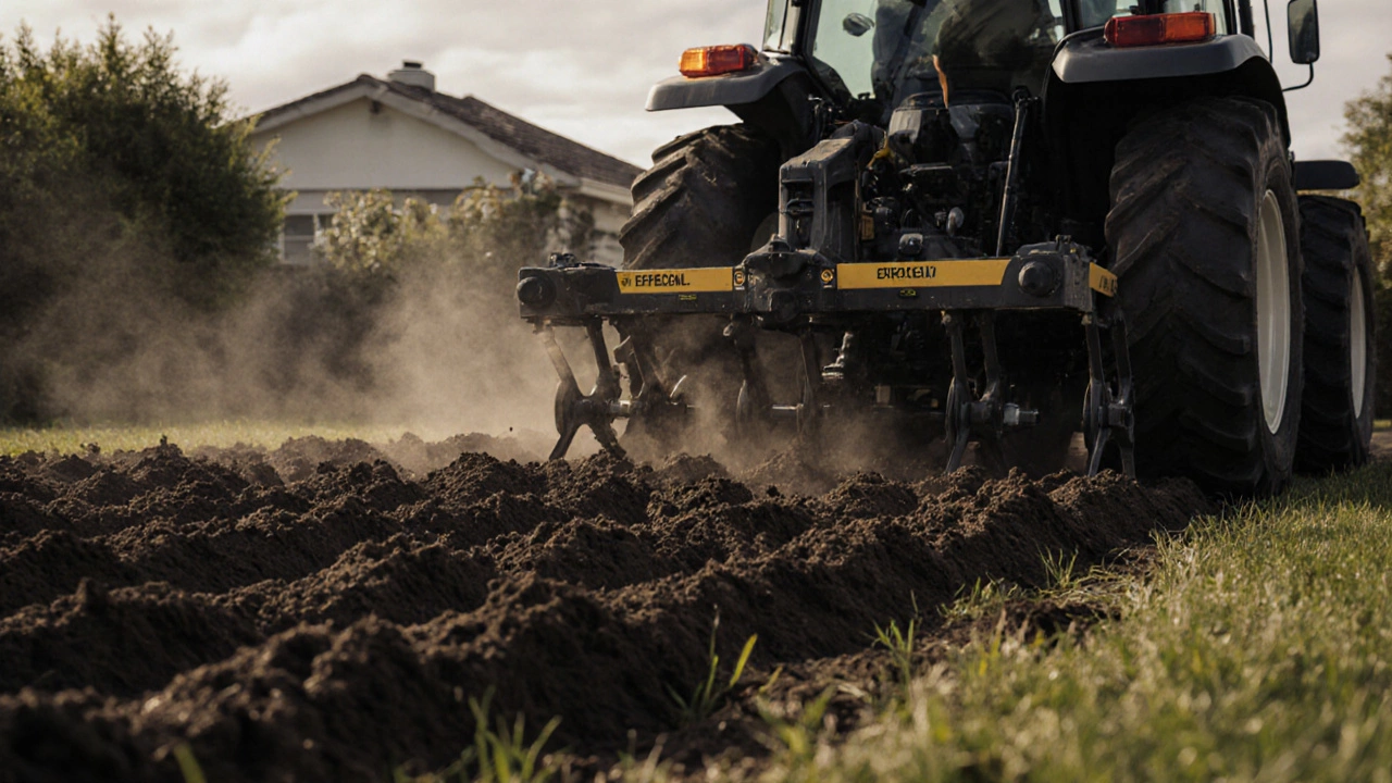 Rear-tine tiller digging deep into moist clay soil, steam rising from the earth.