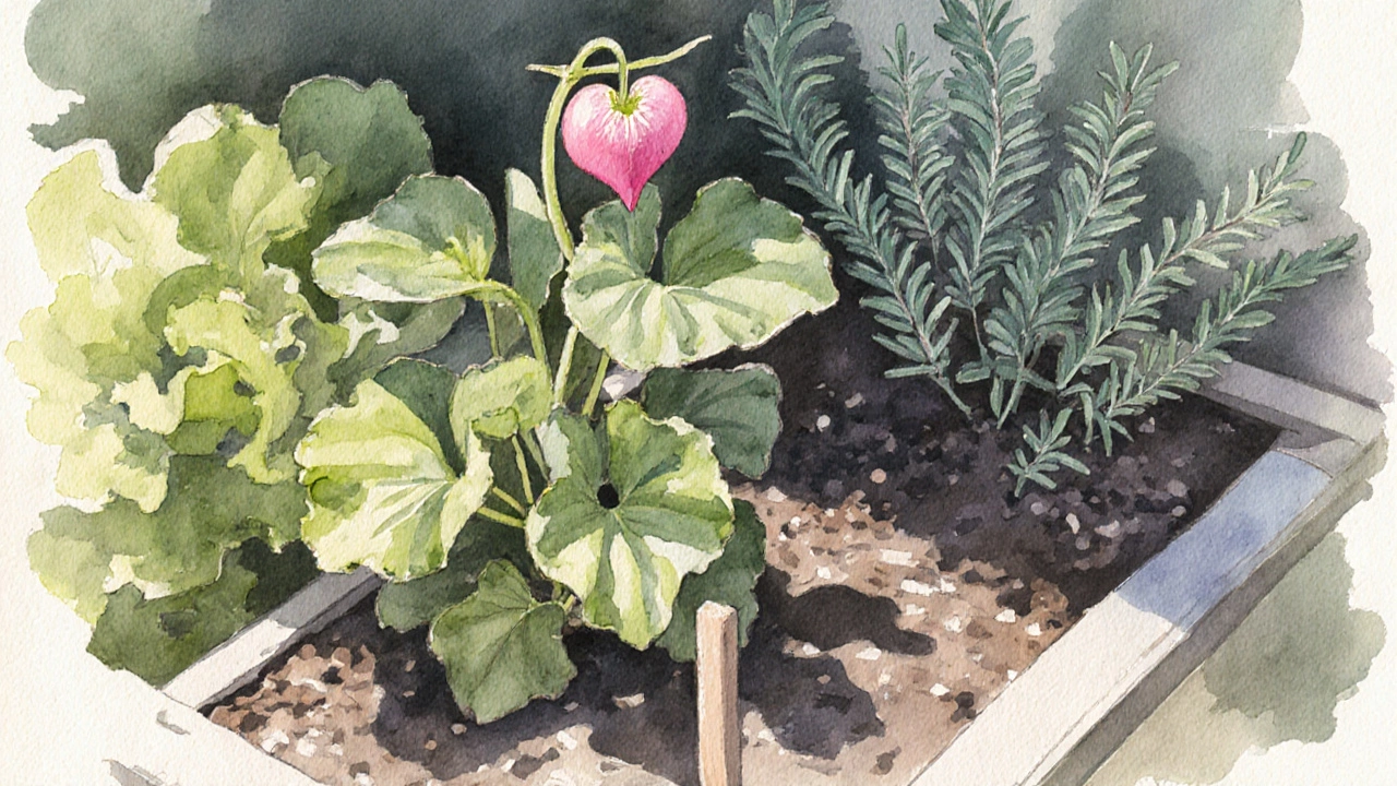 Shaded kitchen garden corner with bleeding heart, ferns, and vegetables, protected from afternoon sun.