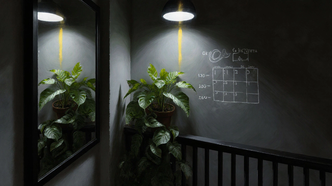 South-facing balcony with shade-tolerant plants and a grow light.