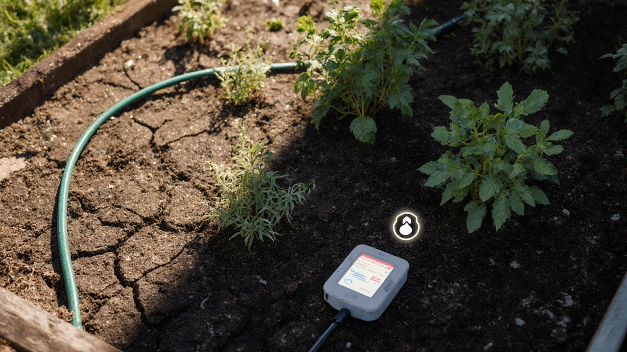 Split image: a dry, dead garden above and a thriving, irrigated garden below with a smart timer visible.