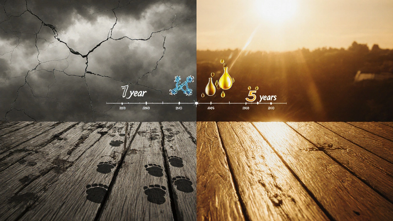 Split image: left side rotten wood, right side oiled wood glowing in sunlight.