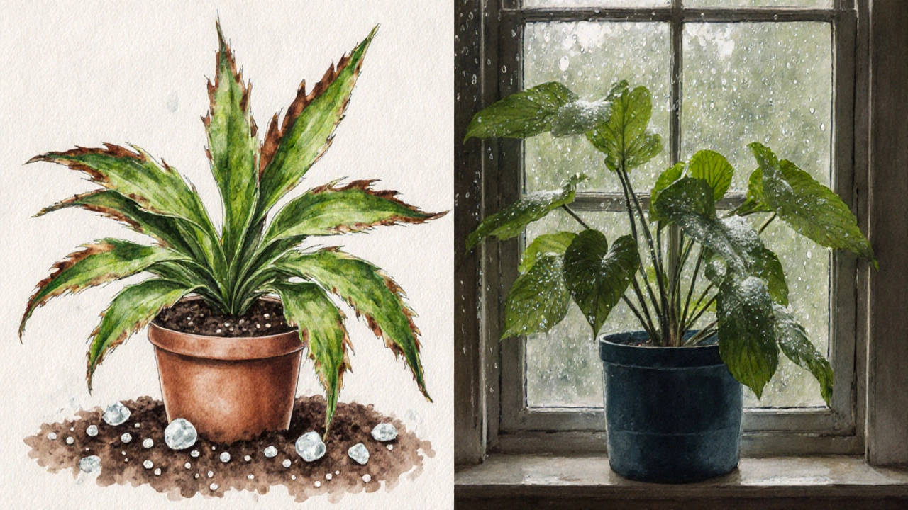 Split image of spider plant: one side damaged by tap water, other side healthy with rainwater.