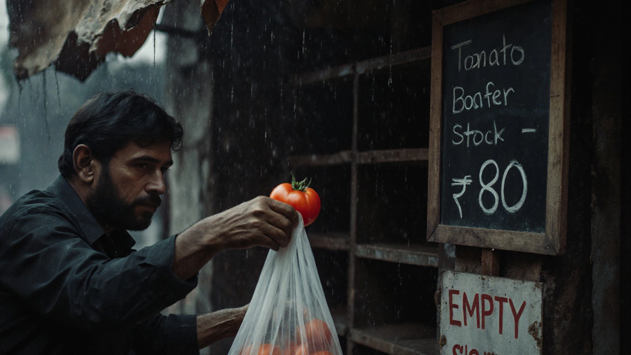 Street vendor sells one tomato for ₹80, empty shelves behind, rain dripping, weary expression.