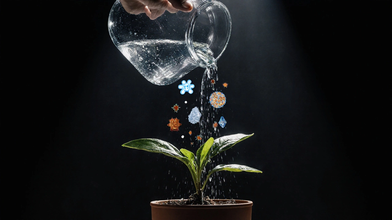 Tap water pouring harmful minerals into plant vs. clean rainwater nourishing roots.