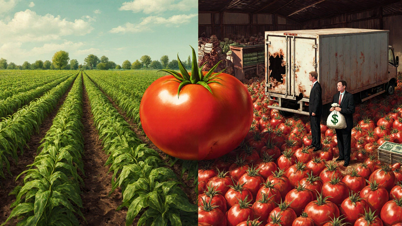Tomato journey from farm to rotting market, broken cold chain, shadowy middlemen holding money.