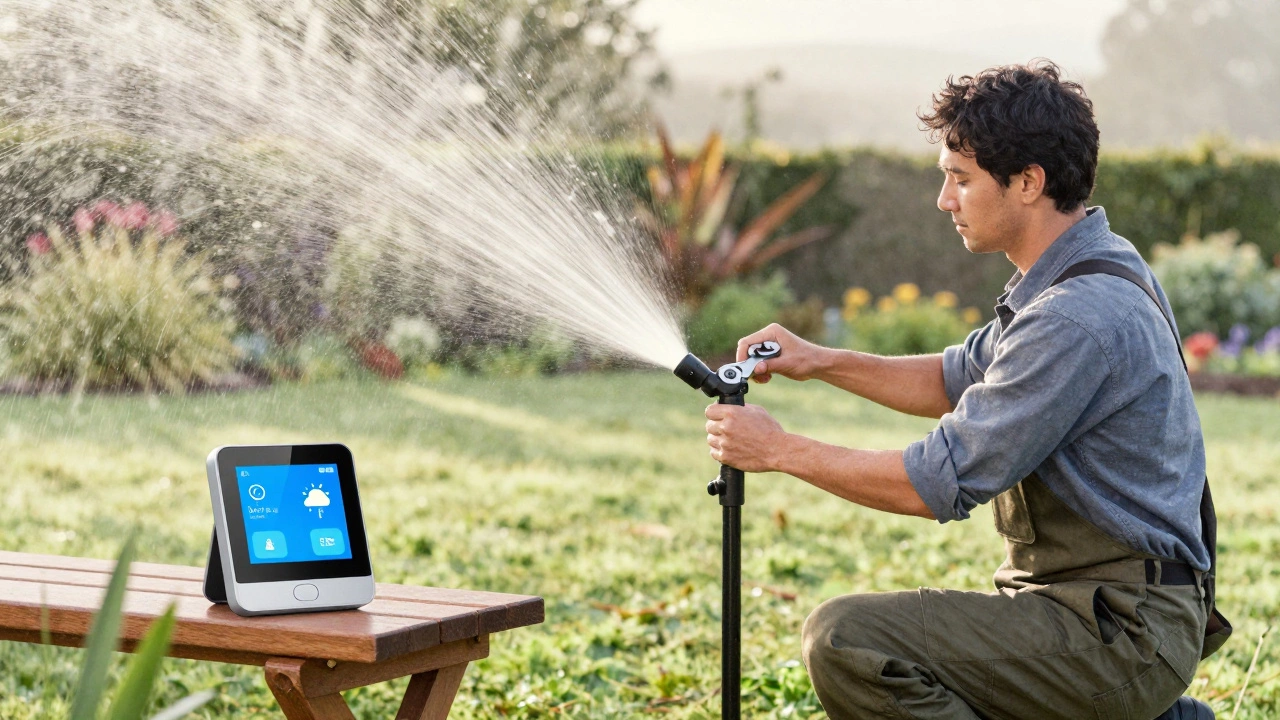 A gardener adjusting sprinkler heads at dawn with a smart controller visible nearby, surrounded by mist and native plants.