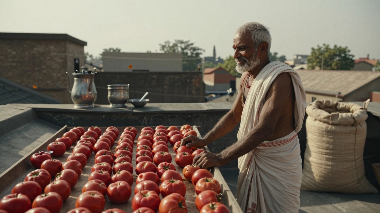 An elderly farmer smiling beside sun-dried tomatoes on a rooftop, traditional Indian setting.