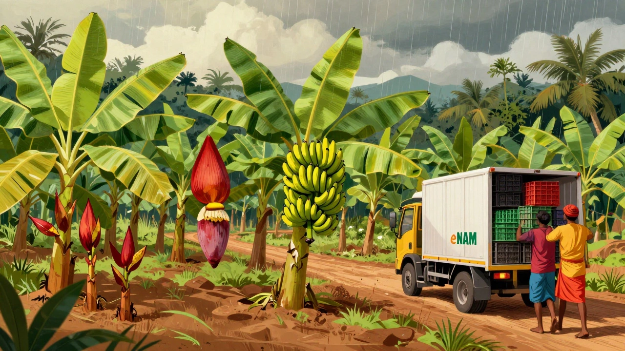 Banana plantation in Tamil Nadu with multiple growth stages and farmers loading crates for market.