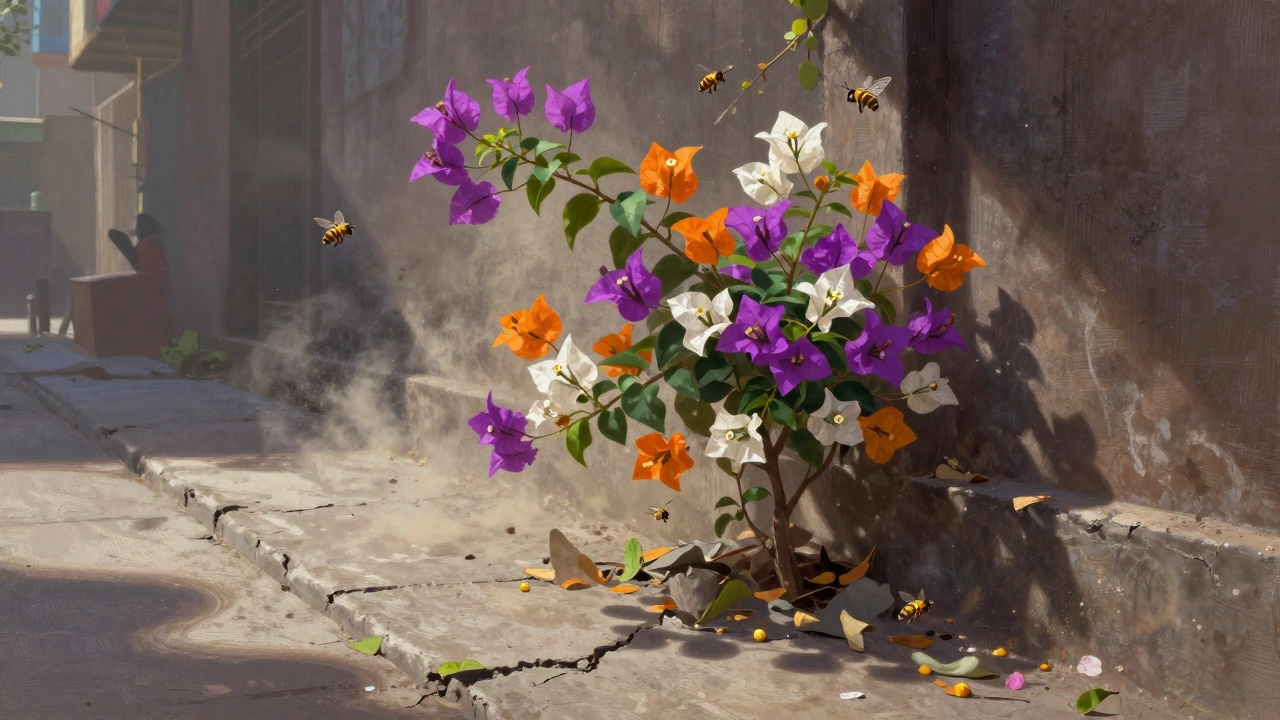 Bougainvillea growing from cracked sidewalk in Indian city, surrounded by pollinators and heat haze.