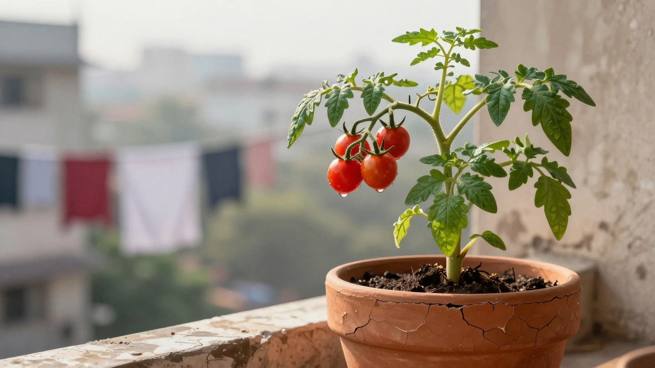 Cherry tomatoes growing in a clay pot on a city balcony, morning light and laundry in background.