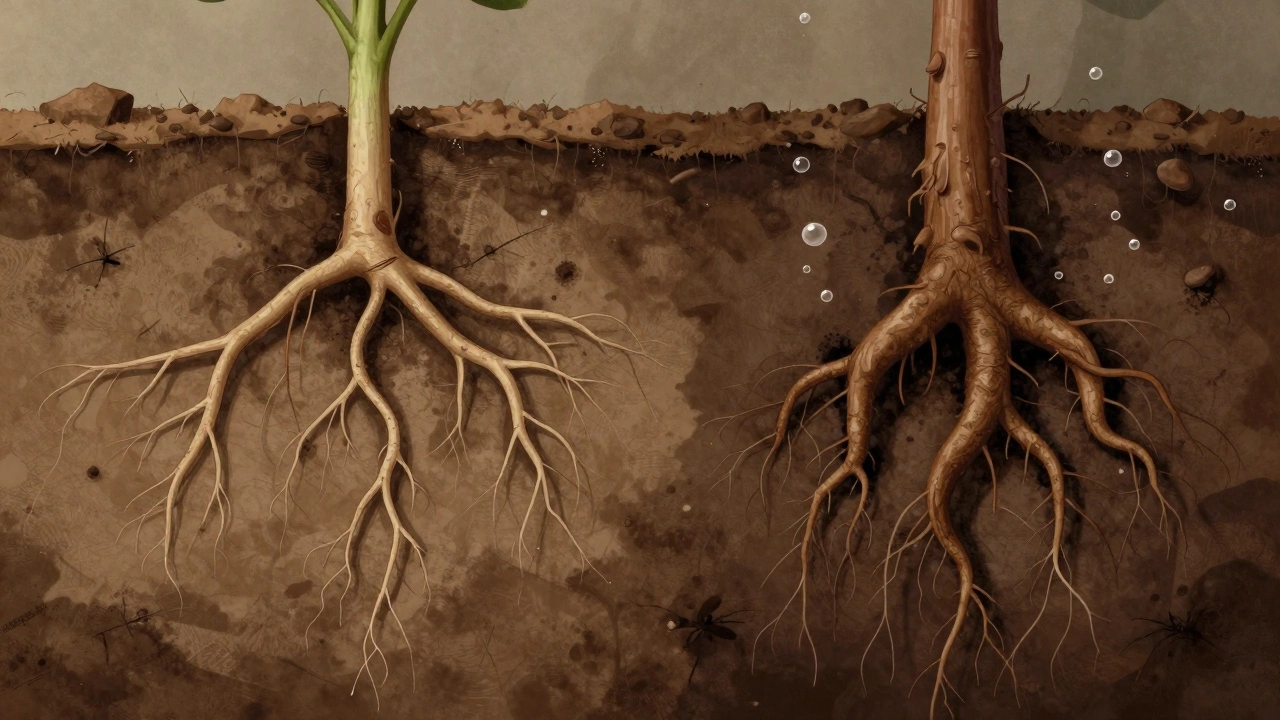 Cross-section of healthy vs. rotting plant roots in dry and waterlogged soil.