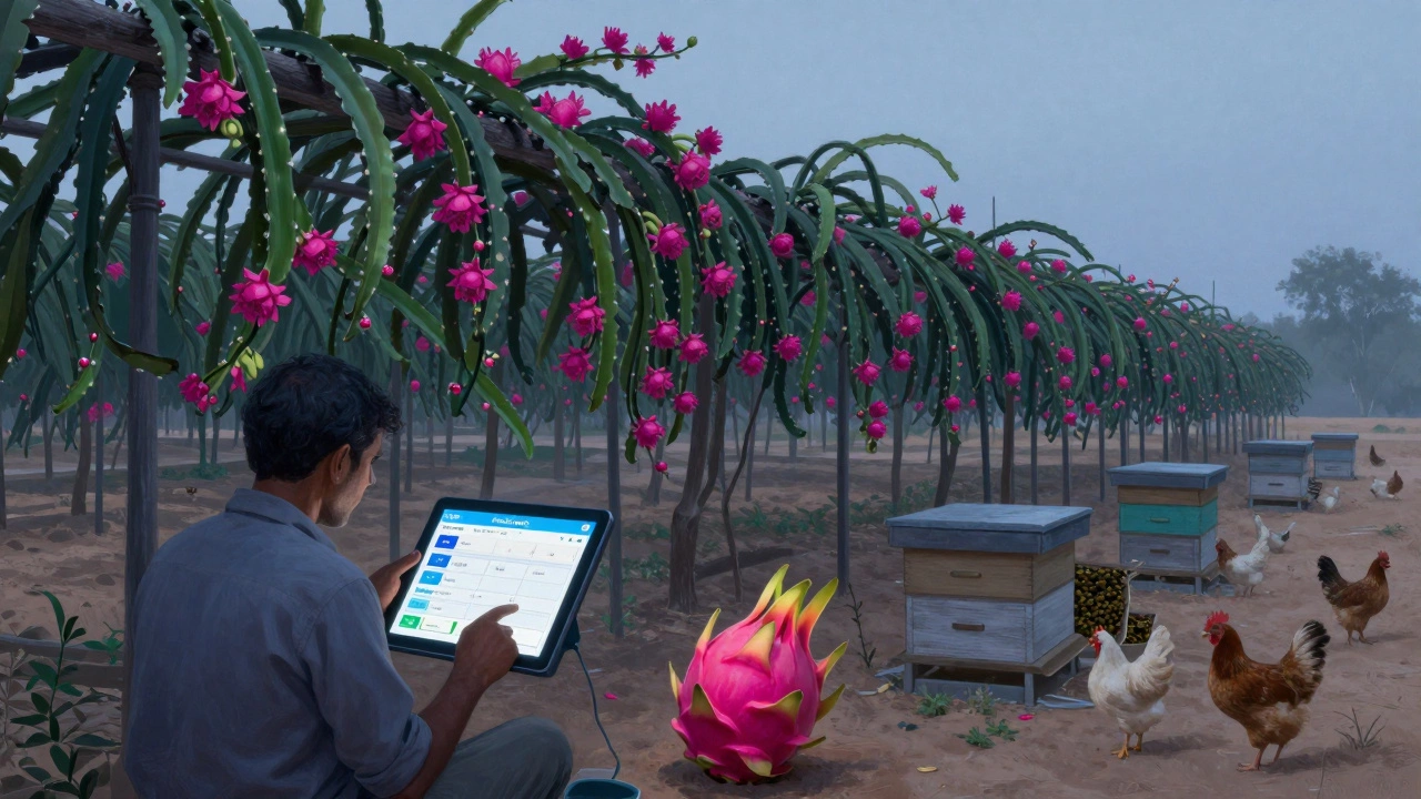 Dragon fruit vines on trellises in Gujarat at dawn, farmer using a tablet for AI crop monitoring.