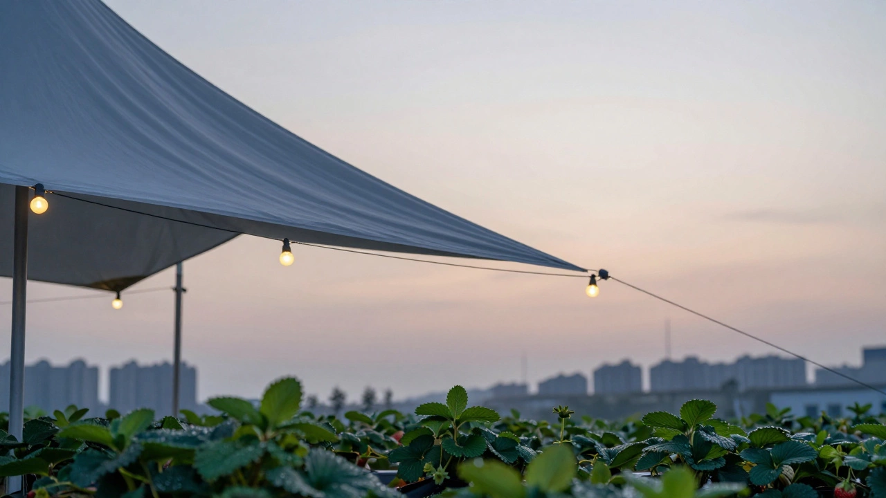 Dusk view of a floating shadow with soft string lights glowing above thriving herbs and strawberries.