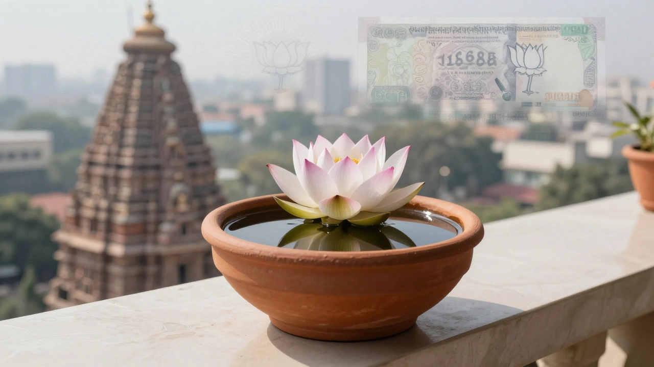 Dwarf lotus in a balcony pot with faint cultural symbols fading into the urban background.