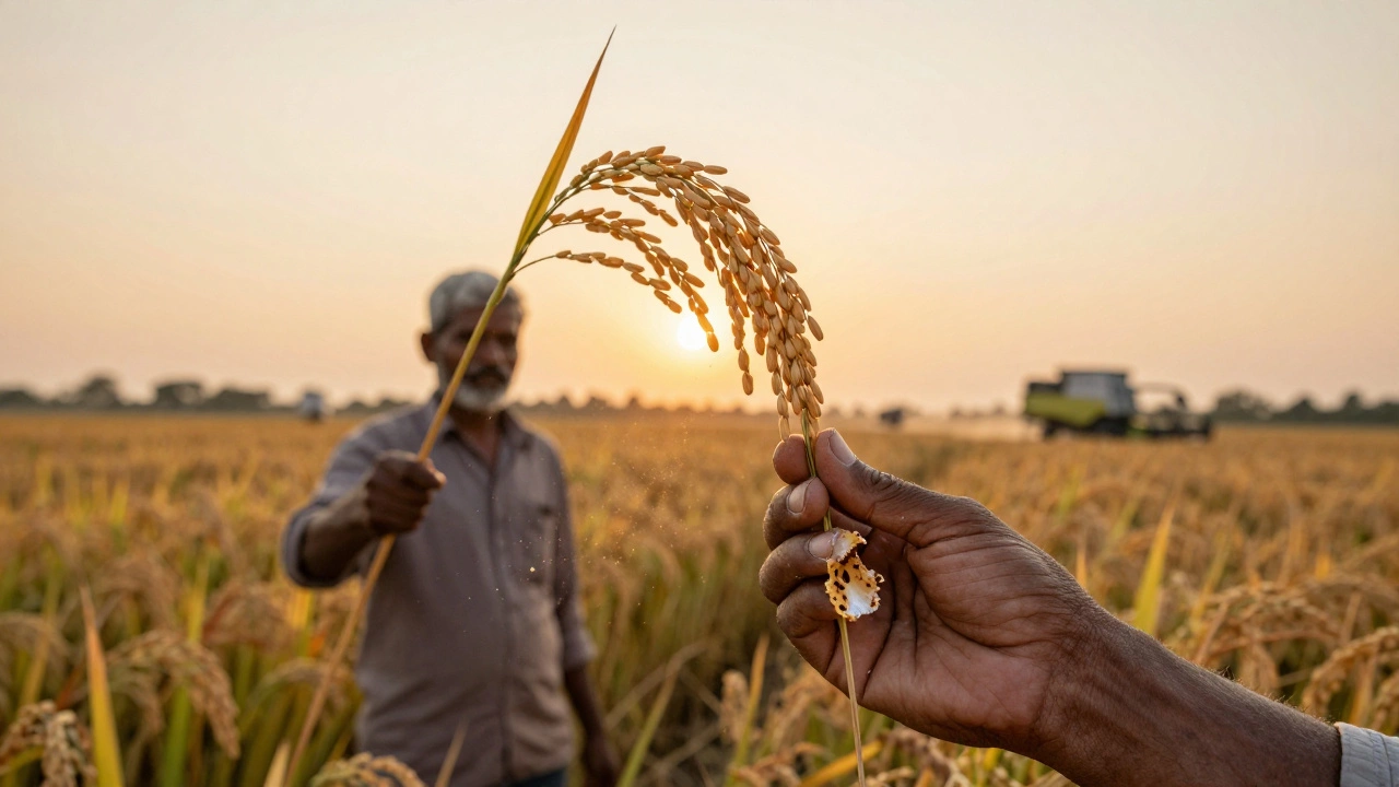 Farmer holding a ripe golden rice panicle at sunset, grain partially bitten.