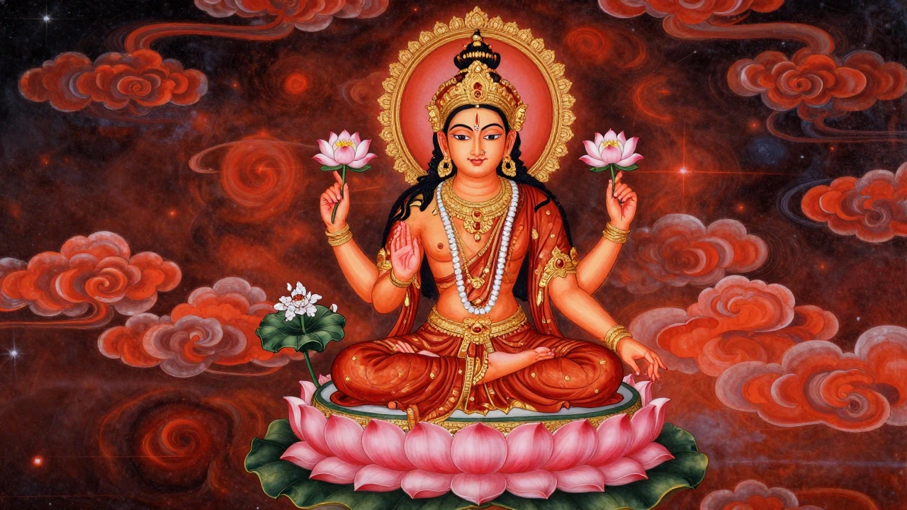 Hindu gods seated on lotus thrones in traditional miniature painting style with gold details.