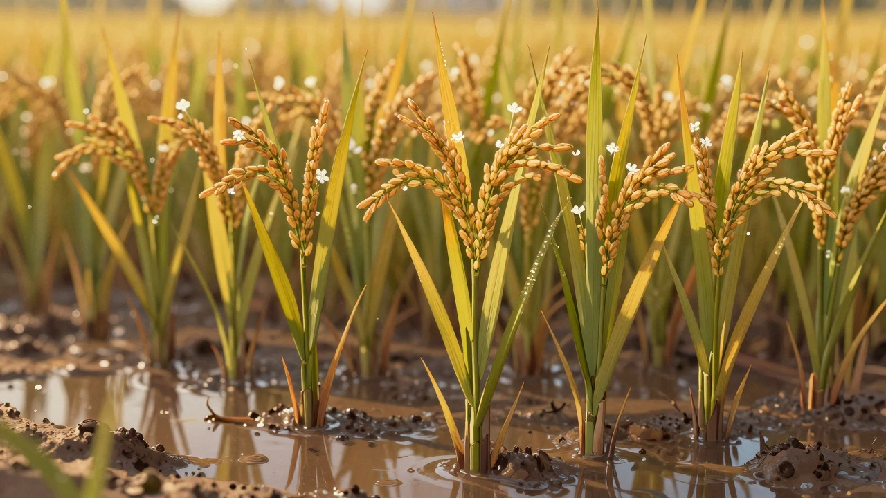 Rice plant with multiple tillers and flowering panicles in warm sunlight.
