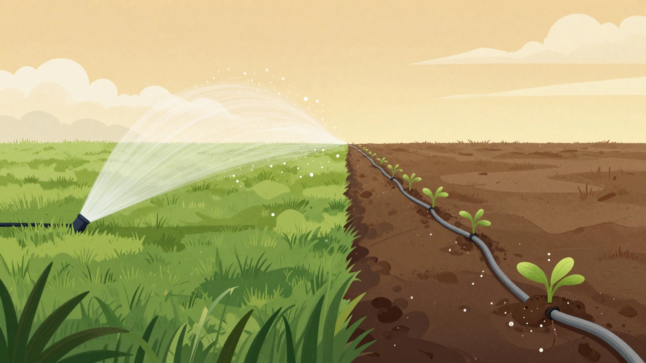 Side-by-side comparison of sprinkler spray losing water to evaporation versus drip irrigation delivering water directly to plant roots.
