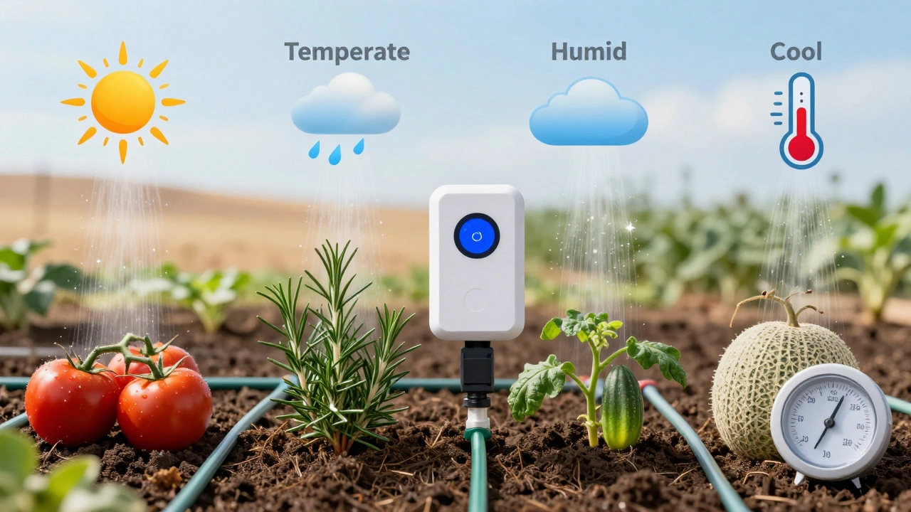 Smart irrigation controller with weather icons above drip lines watering different plants.