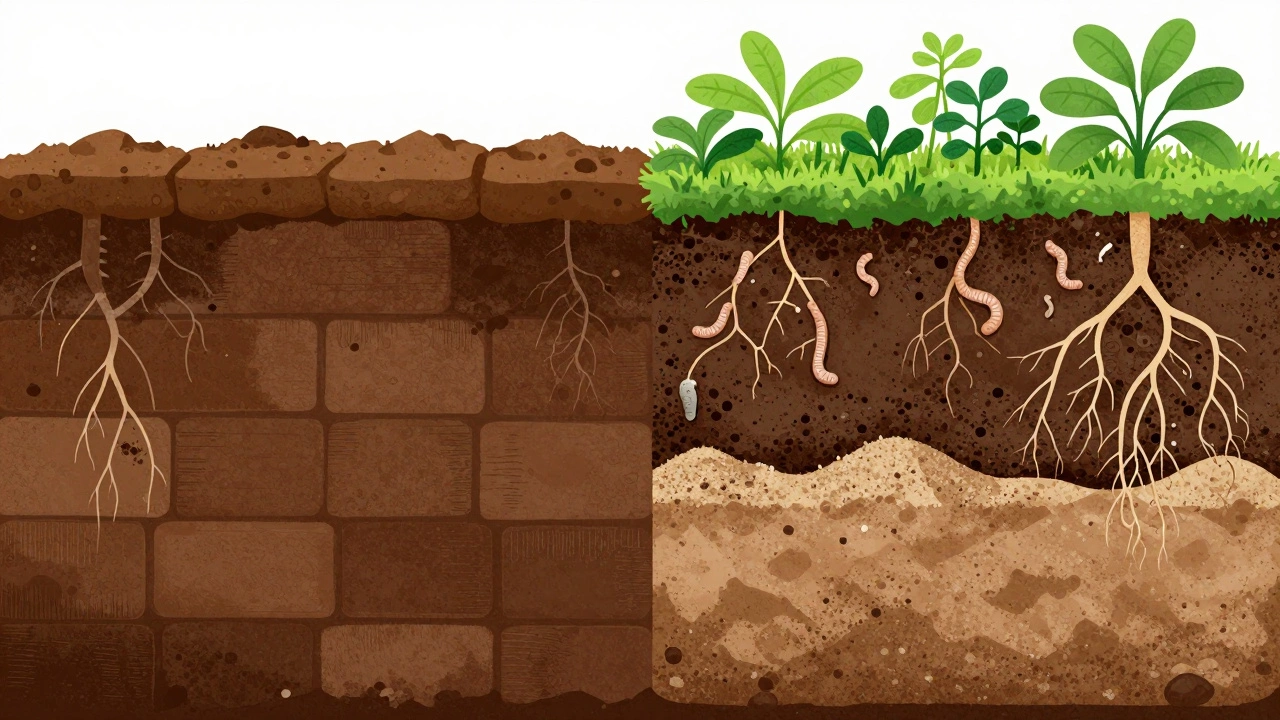 Split illustration showing compacted clay versus healthy, living soil with worms and roots.