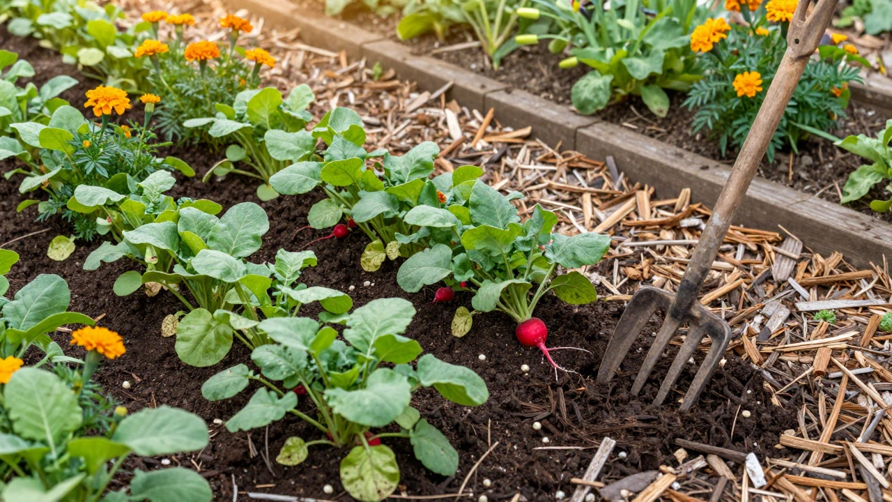 Thriving vegetables and flowers in amended soil with mulch and protective walkways.