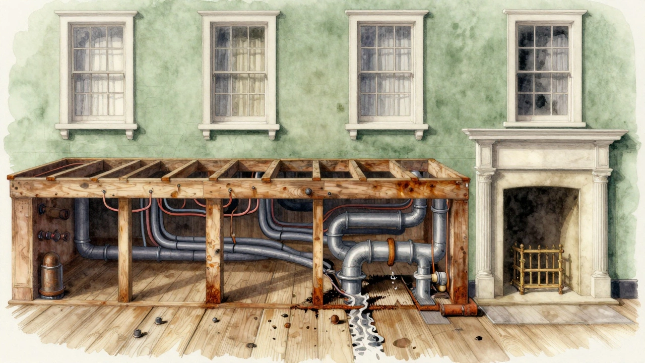 Transparent cross-section of a Victorian home showing hidden wiring, rusted pipes, and rising damp beneath restored original features.