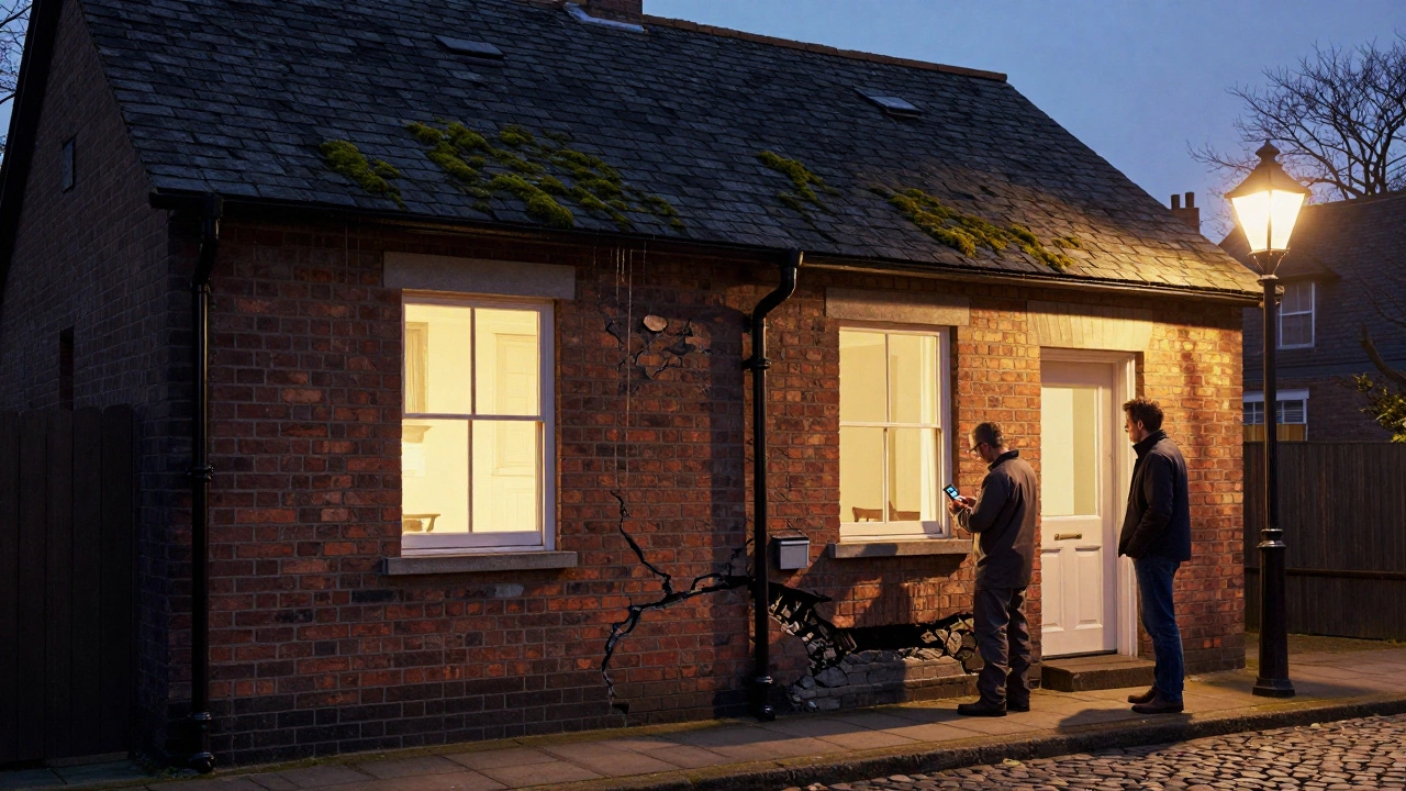 Victorian terrace exterior at dusk with damaged roof, sagging gutters, and inspector checking foundation under warm lamplight.
