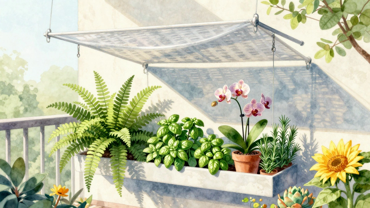 Watercolor-style balcony garden with floating shade canopy protecting ferns and herbs from direct sunlight.