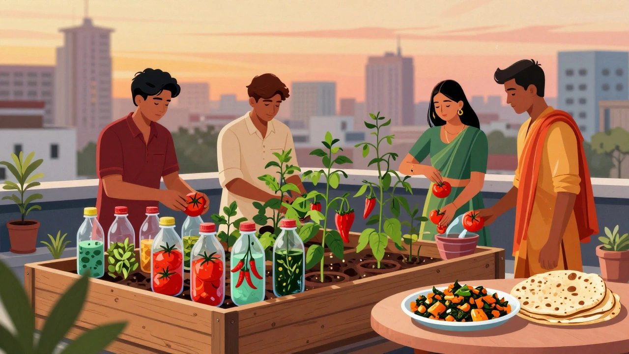 Young people harvesting vegetables from a rooftop garden in a city, with a traditional meal nearby.