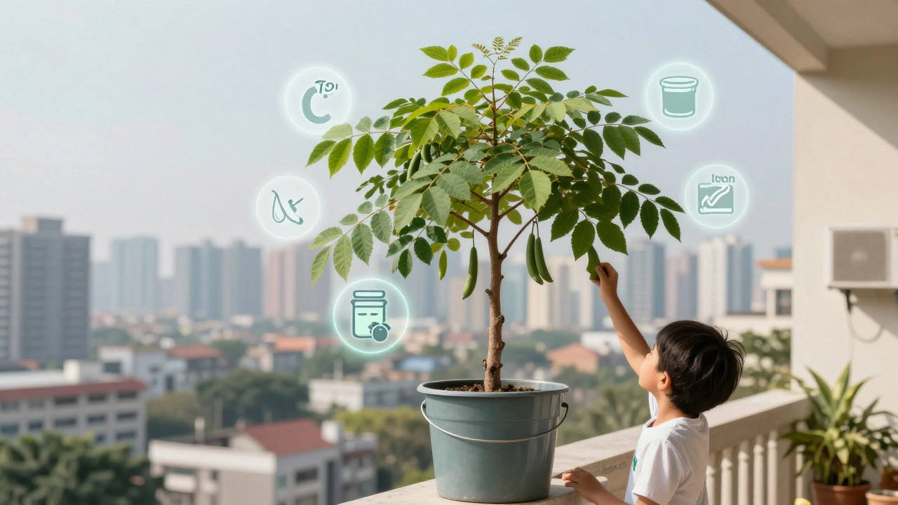 A moringa tree growing in a balcony bucket with nutritional icons glowing around it in an urban setting.