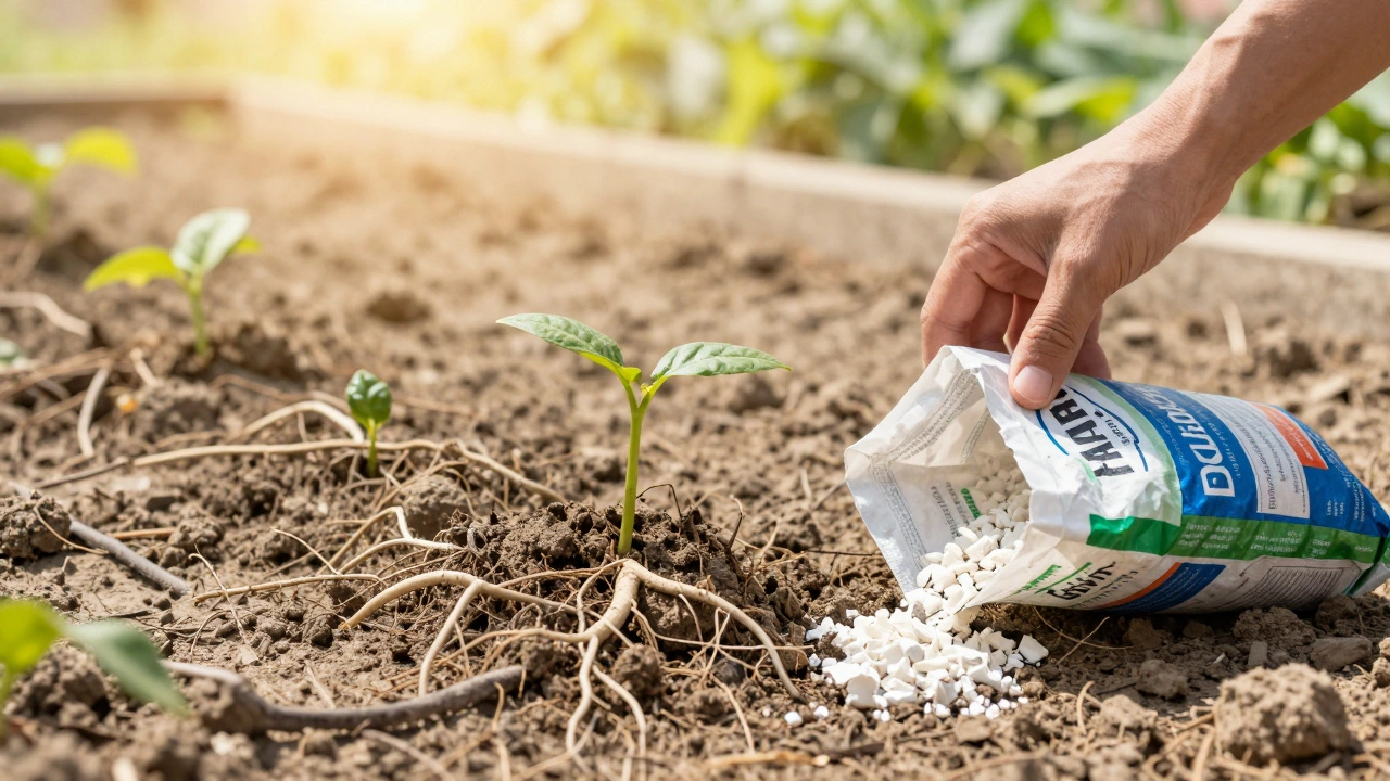 A stressed transplanted plant in dry soil with a hand hesitating to apply fertilizer.