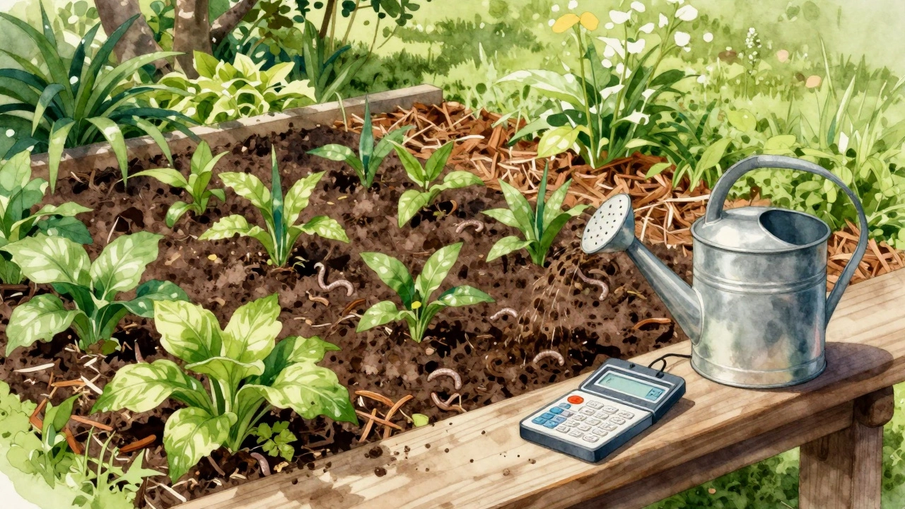 A thriving spring garden with compost, mulch, and a soil test kit under soft sunlight.