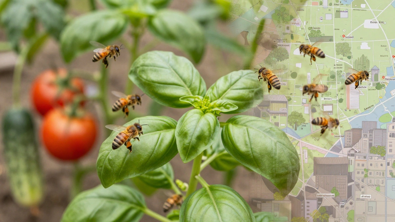 Basil flowers merged with flying bees, set against an urban garden map, symbolizing pollination and food.