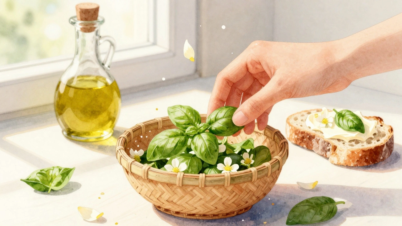 Hand picking basil flowers into a bamboo bowl, with infused oil and butter nearby in a kitchen.