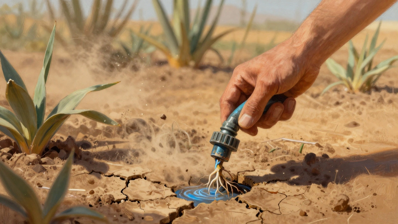 Hand replacing a dripper with an emitter in a desert garden, symbolizing improved water efficiency.