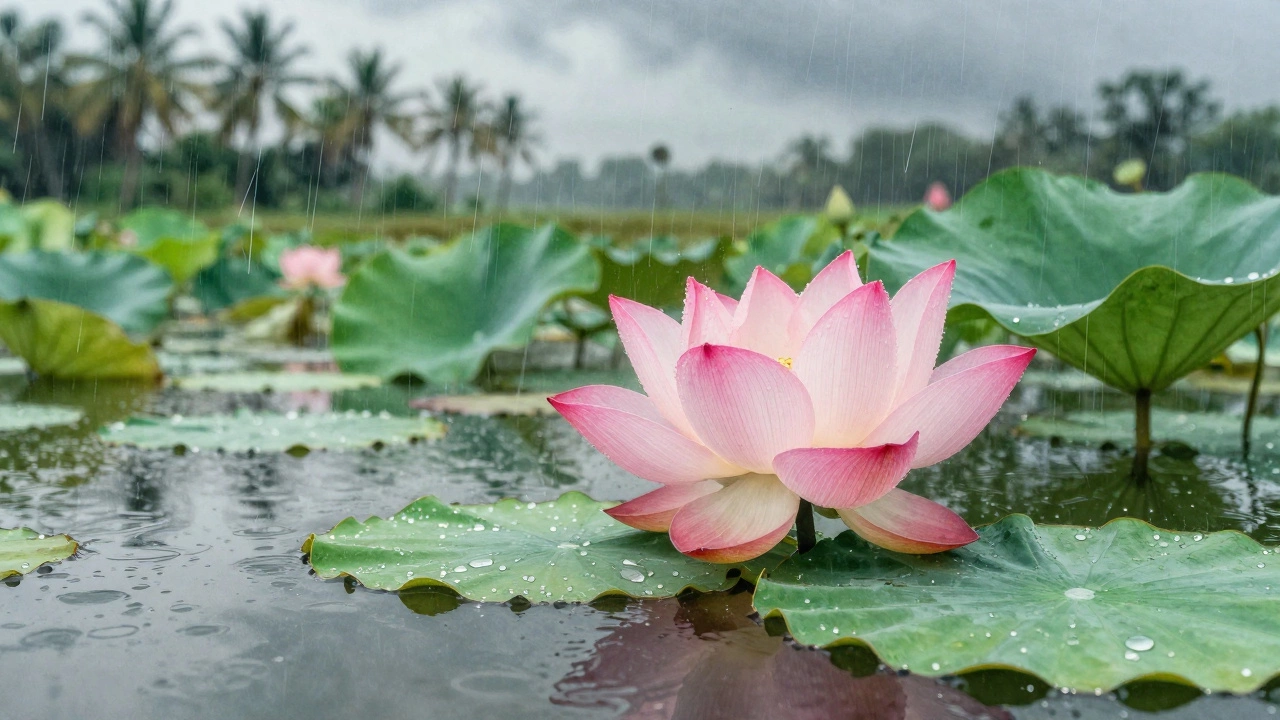 Lotus flower floating on a monsoon pond in Bengal, surrounded by lily pads.