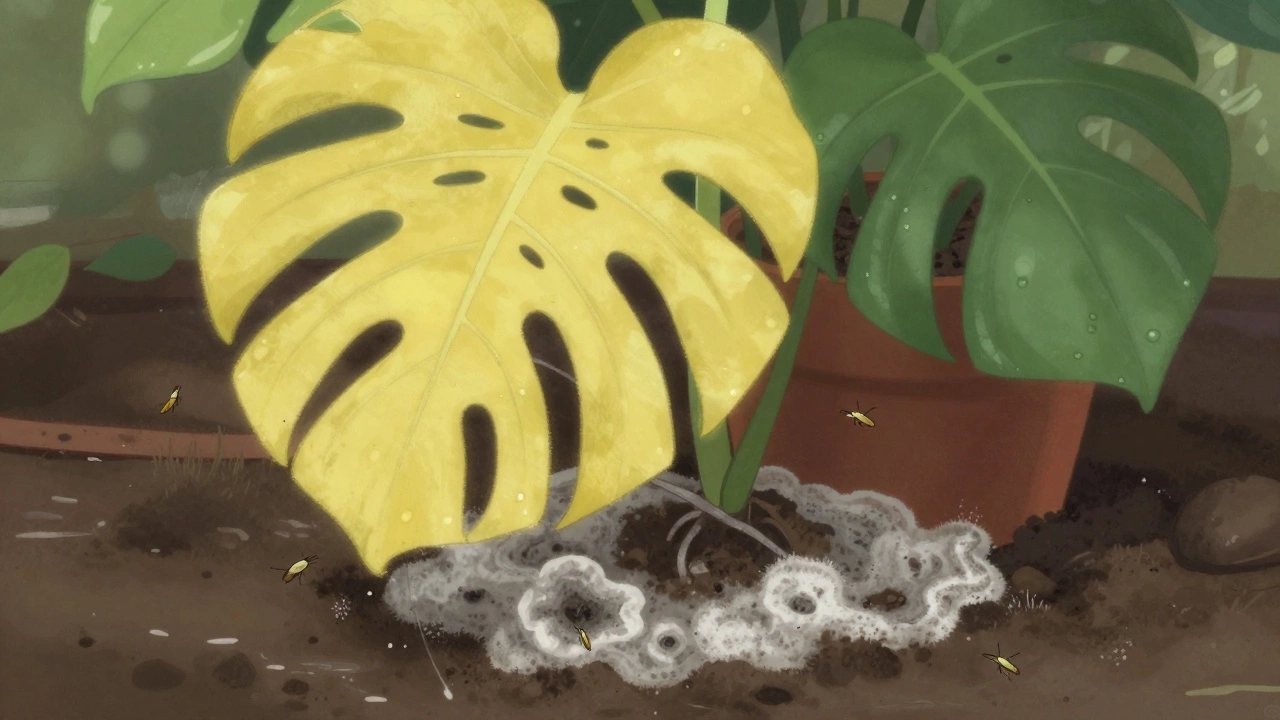 Monstera with yellow leaves and mold on wet soil, gnats hovering nearby