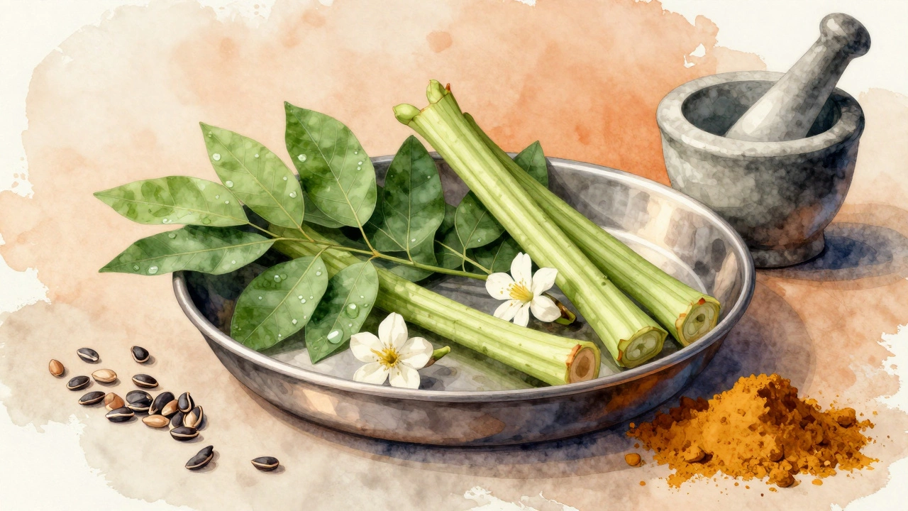 Moringa leaves, pods, and flowers arranged on a traditional Indian plate with ground powder and mortar.