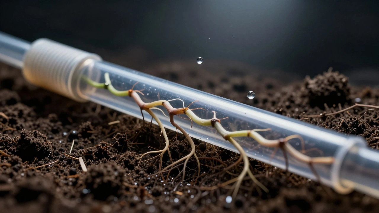 Plant roots growing inside a drip emitter, blocking water flow.