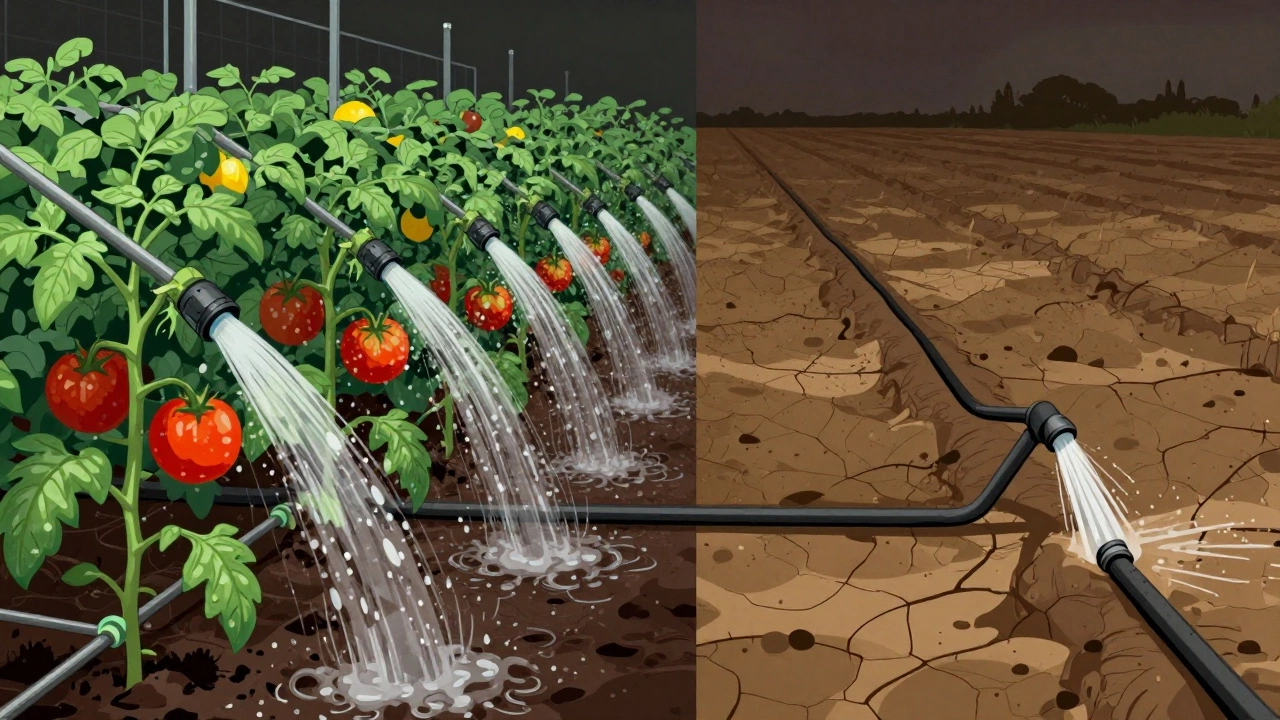 Side-by-side comparison of even watering with emitters versus uneven dripping from faulty drippers.