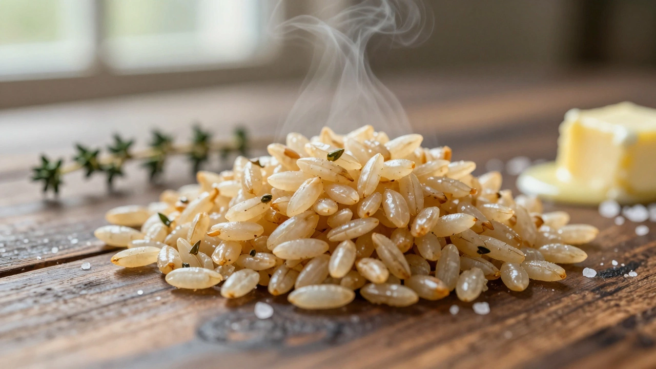 A single firm, glistening grain of Carolina Gold Rice with butter and sea salt on wood.