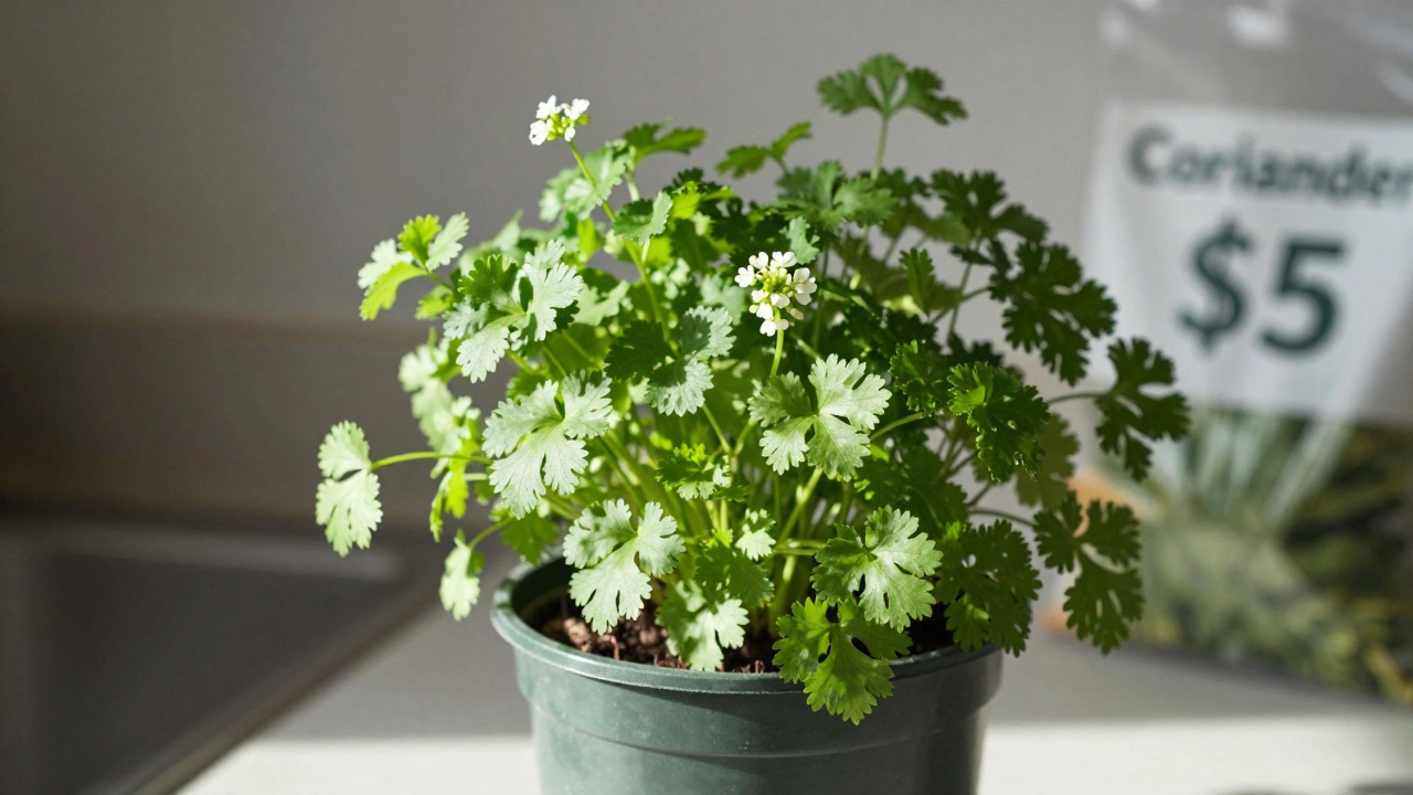 A vibrant coriander plant blooming in a ceramic pot on a windowsill.