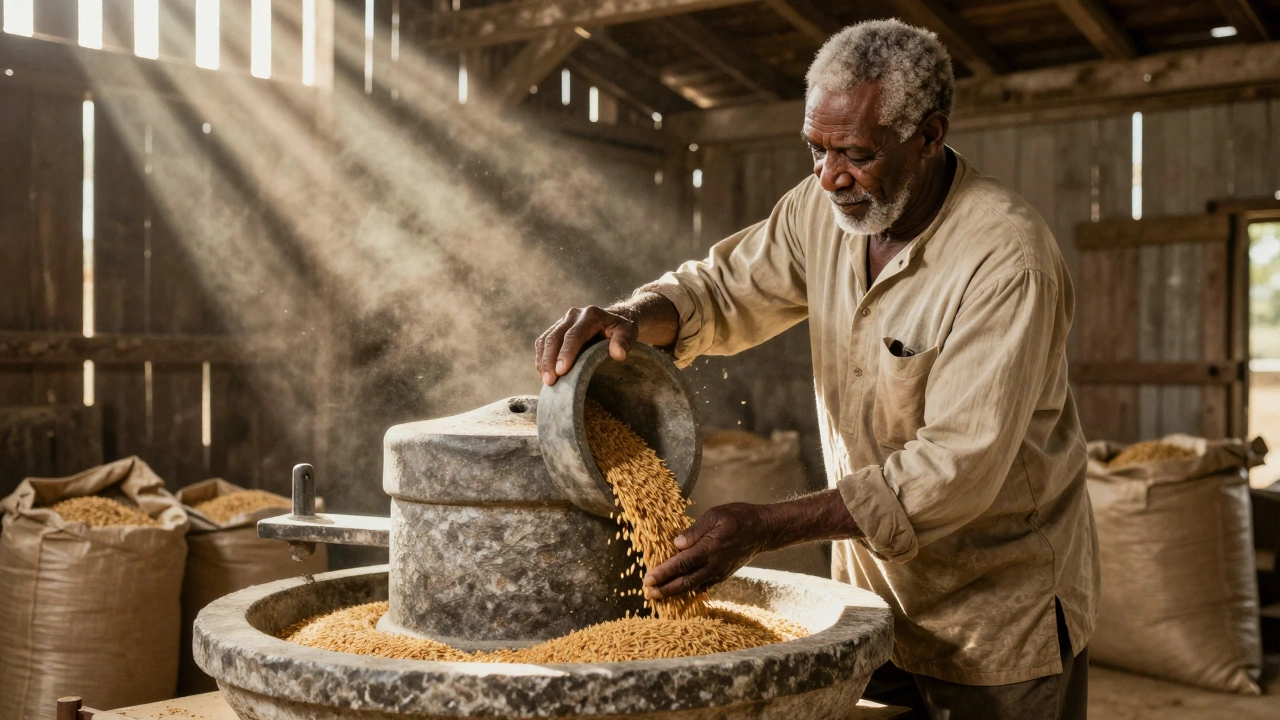 An elderly farmer using a vintage stone mill to process Carolina Gold Rice in a sunlit barn.