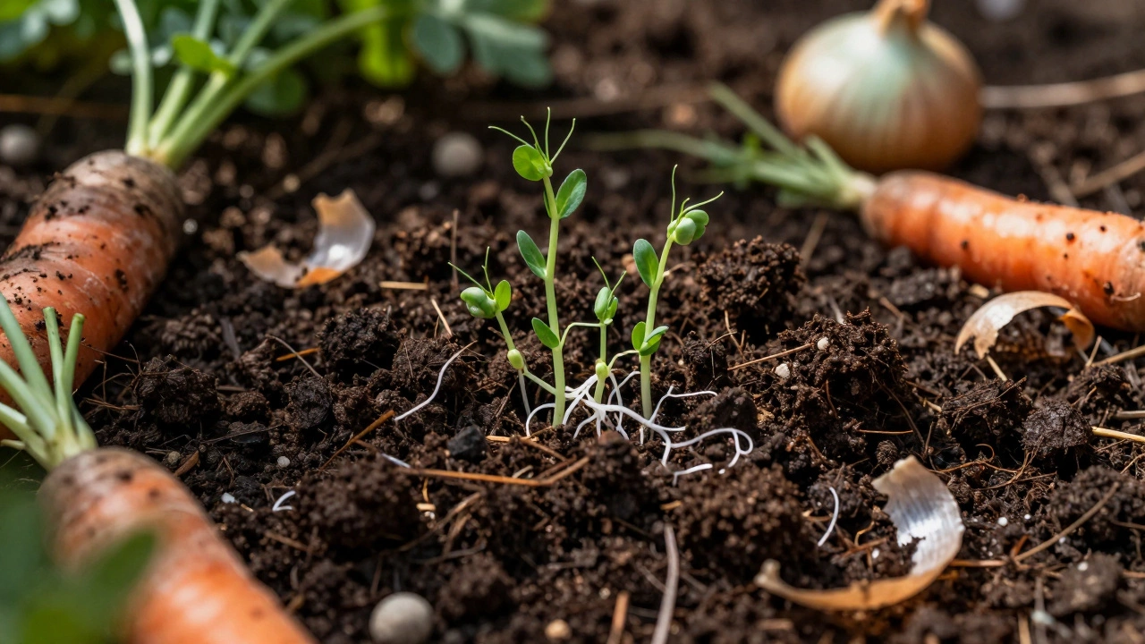 Close-up of rich compost with sprouting pea plants and organic kitchen scraps.