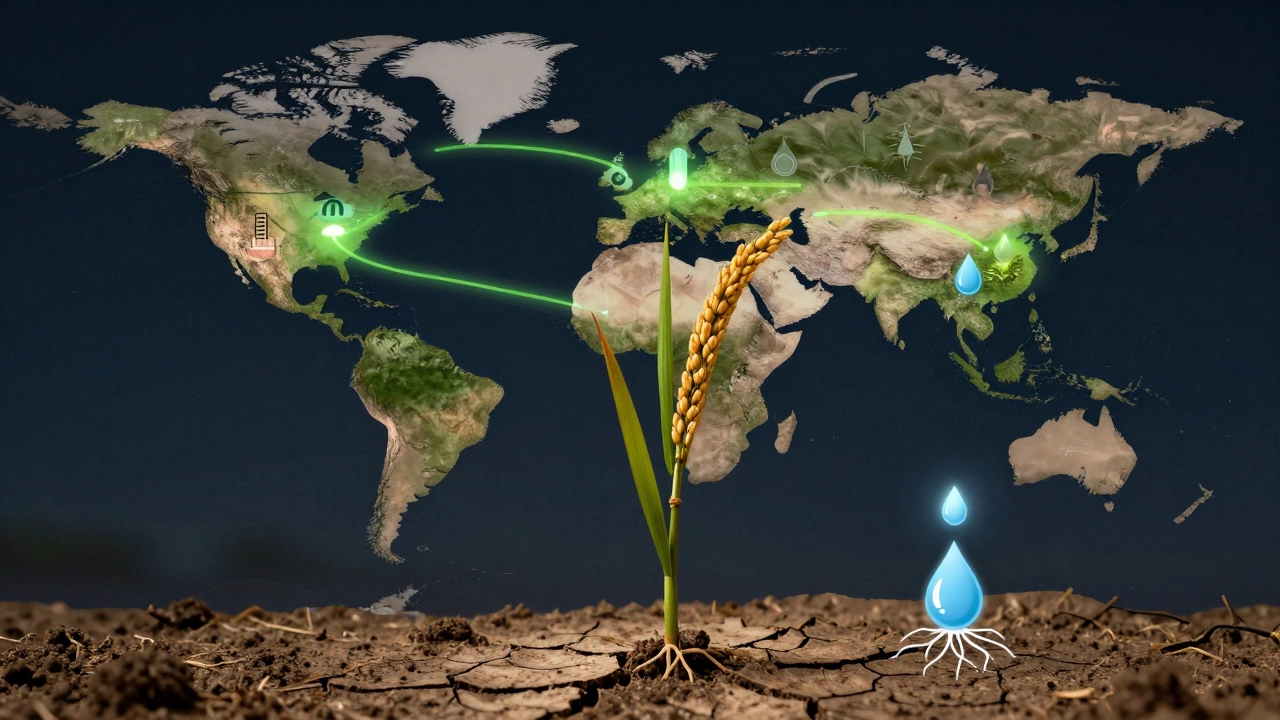 Global map showing dry rice farming expansion with icons of water savings and rising yields, centered on a resilient rice plant.